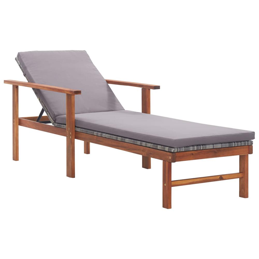 vidaXL Sun Lounger with Cushion Poly Rattan and Solid Acacia Wood Gray, 48705. Picture 1