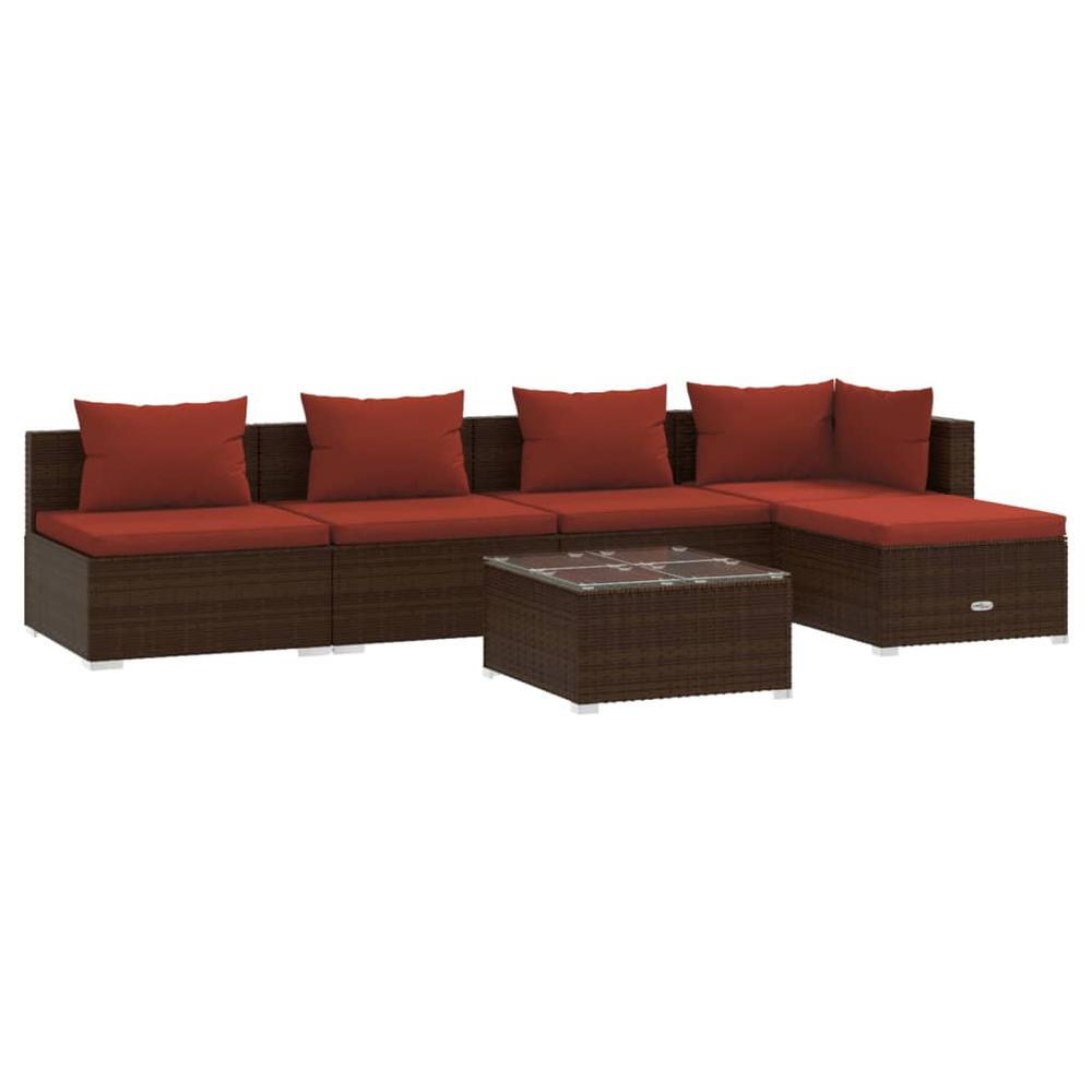 vidaXL 6 Piece Patio Lounge Set with Cushions Poly Rattan Brown, 3101635. Picture 2