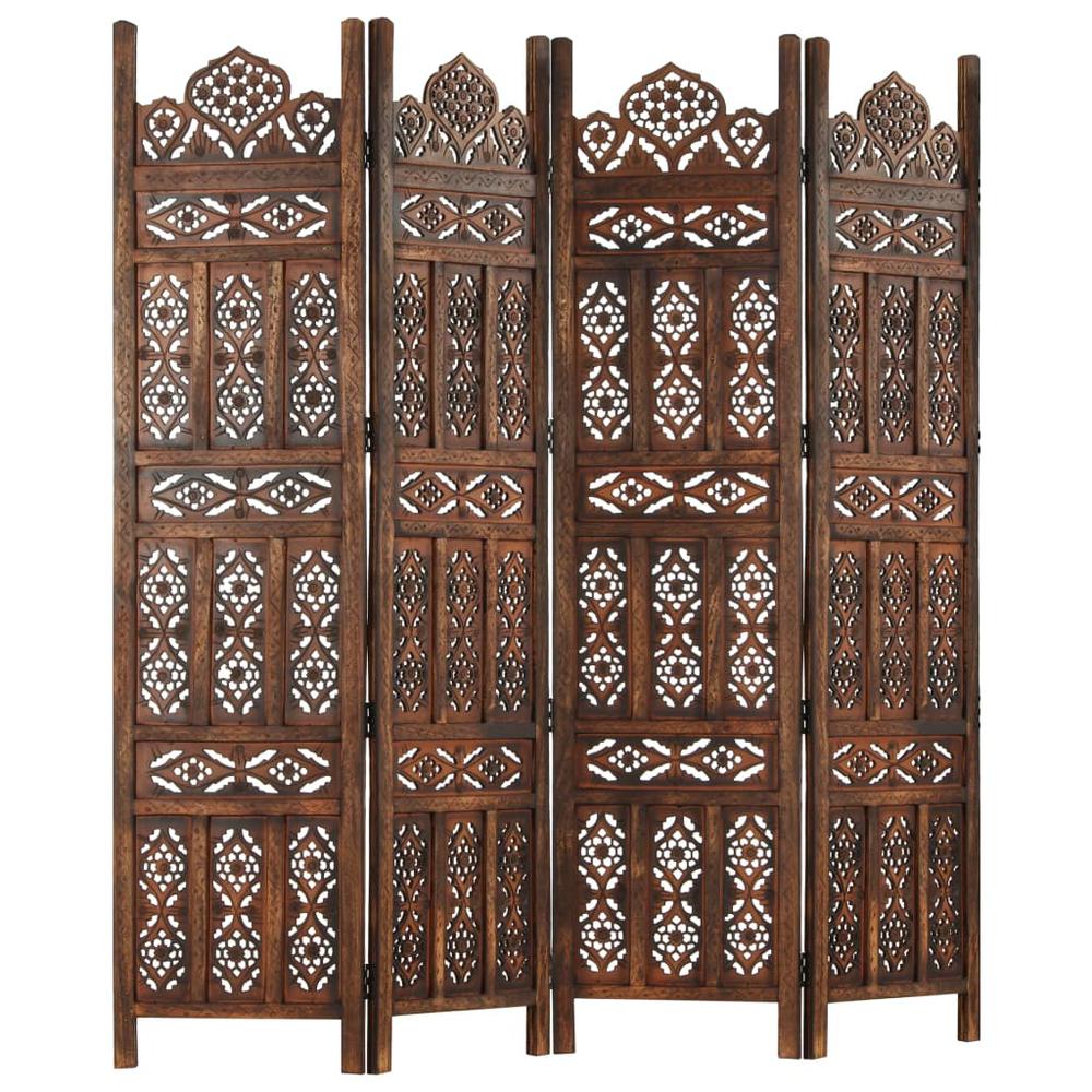 vidaXL Hand carved 4-Panel Room Divider Brown 63"x65" Solid Mango Wood, 285325. Picture 2
