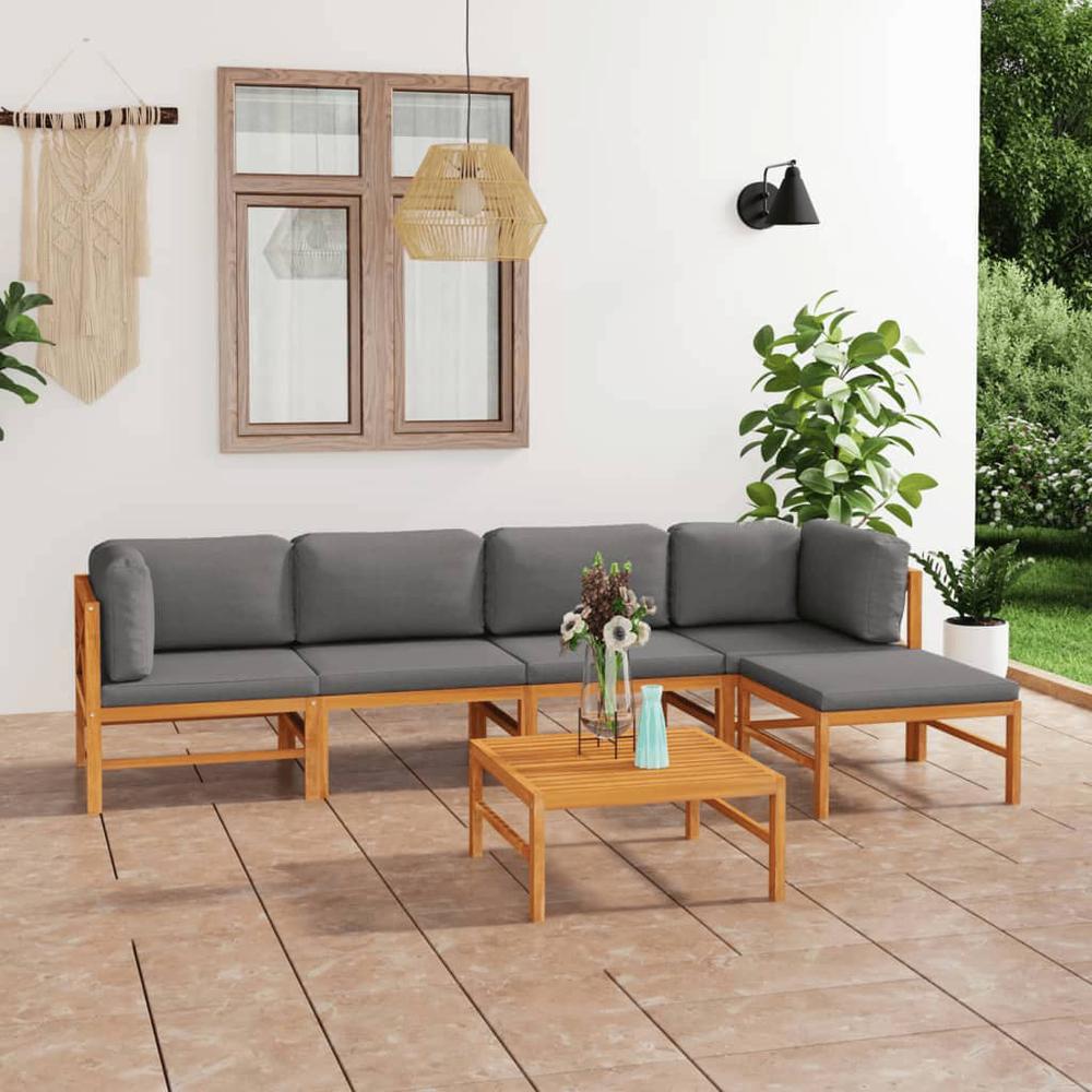 vidaXL 6 Piece Patio Lounge Set with Gray Cushions Solid Teak Wood, 3087243. Picture 10