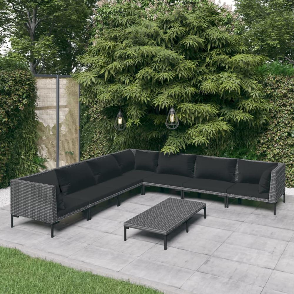 vidaXL 8 Piece Patio Lounge Set with Cushions Poly Rattan Dark Gray, 3099847. Picture 1