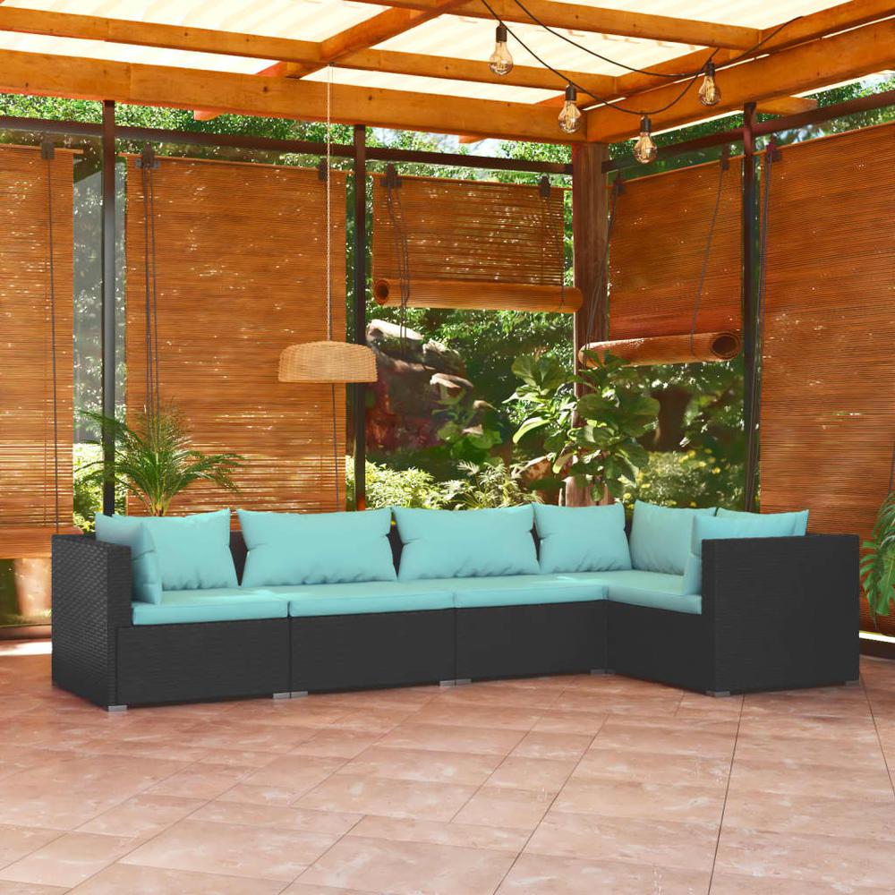 vidaXL 5 Piece Patio Lounge Set with Cushions Poly Rattan Black, 3101689. Picture 1