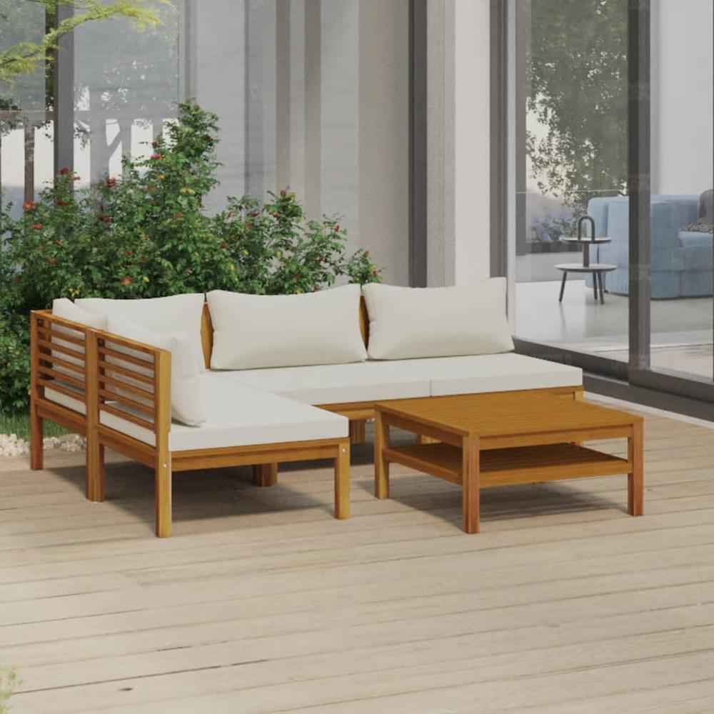 vidaXL 5 Piece Patio Lounge Set with Cream Cushion Solid Acacia Wood, 3086951. Picture 1