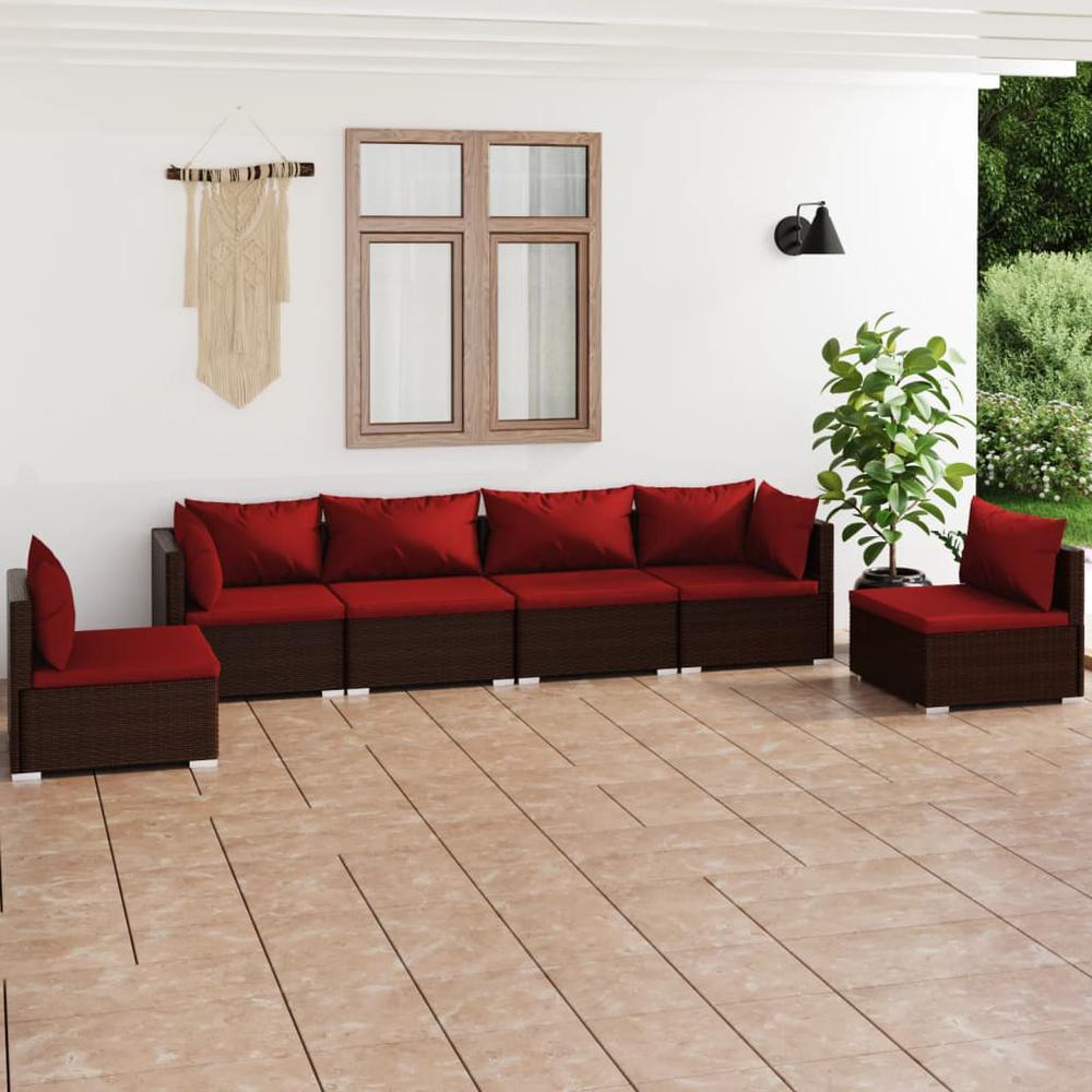vidaXL 6 Piece Patio Lounge Set with Cushions Poly Rattan Brown, 3102203. Picture 1