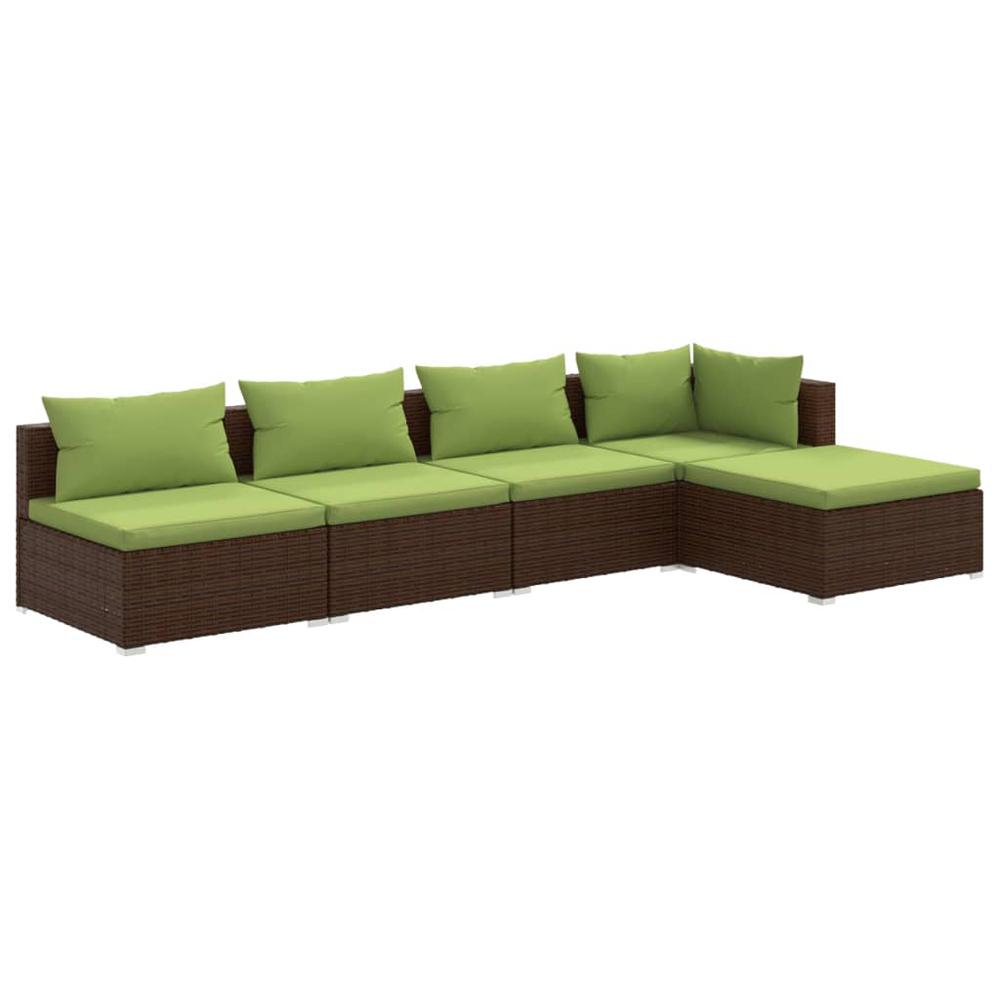 vidaXL 5 Piece Patio Lounge Set with Cushions Poly Rattan Brown, 3101628. Picture 2