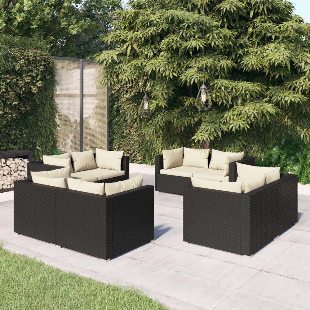vidaXL 8 Piece Patio Lounge Set with Cushions Poly Rattan Black, 3101551. Picture 1
