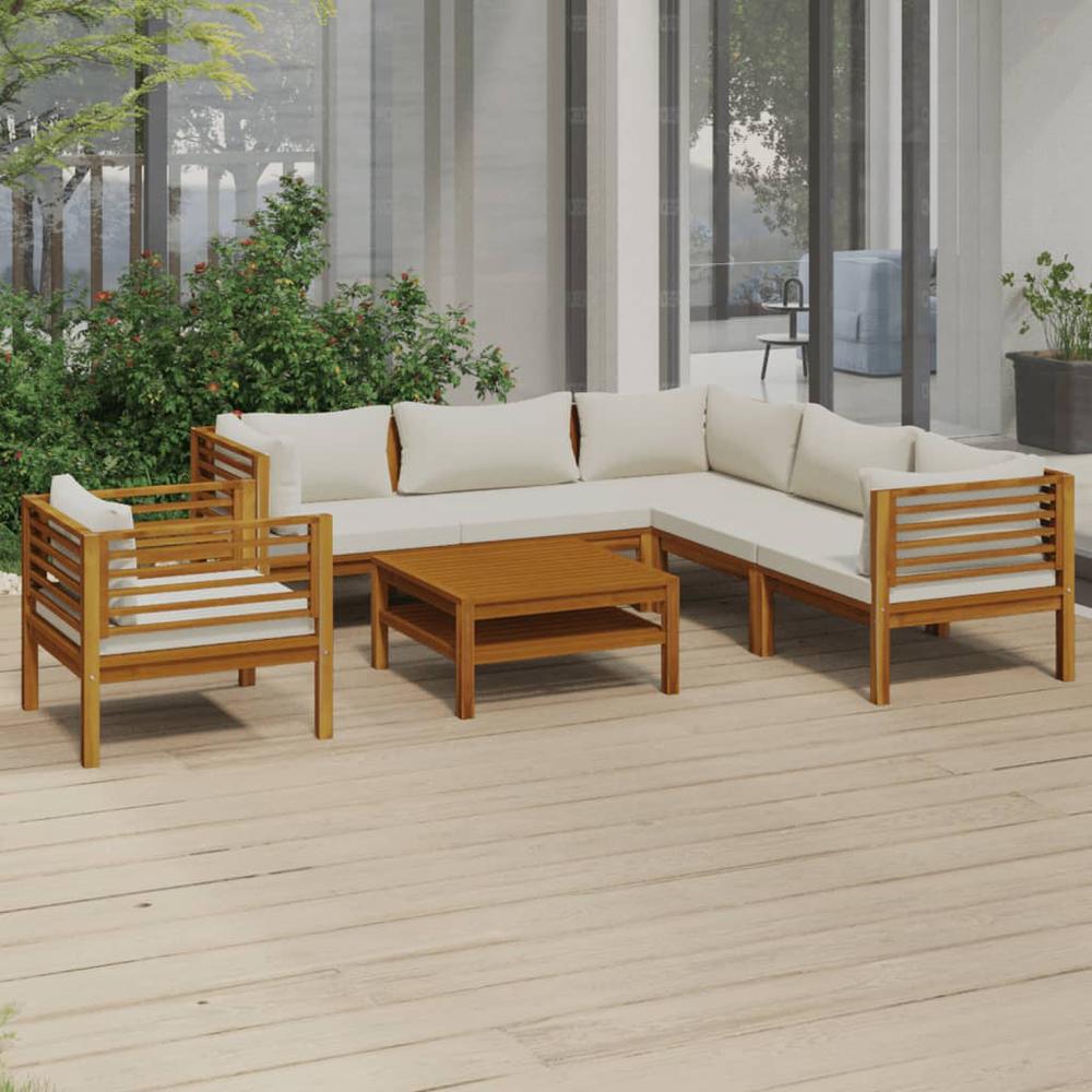 vidaXL 7 Piece Patio Lounge Set with Cream Cushion Solid Acacia Wood, 3086938. Picture 1