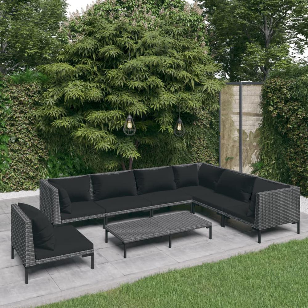 vidaXL 8 Piece Patio Lounge Set with Cushions Poly Rattan Dark Gray, 3099857. Picture 1