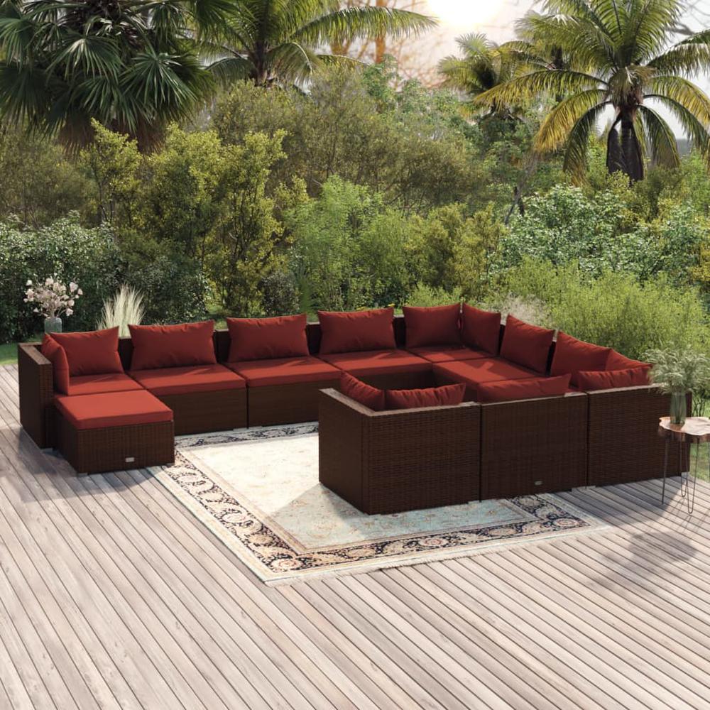 vidaXL 11 Piece Patio Lounge Set with Cushions Poly Rattan Brown, 3102699. Picture 1