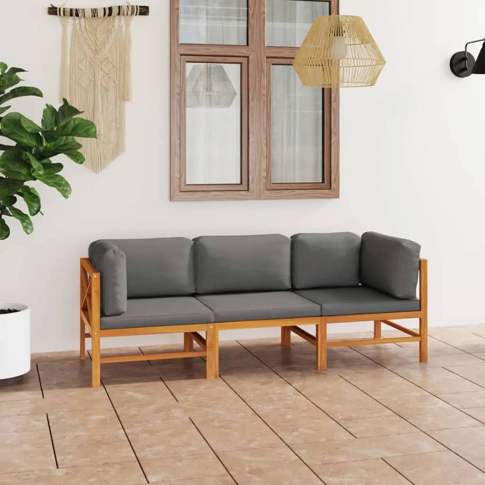vidaXL 3-Seater Patio Sofa with Gray Cushions Solid Teak Wood. Picture 1
