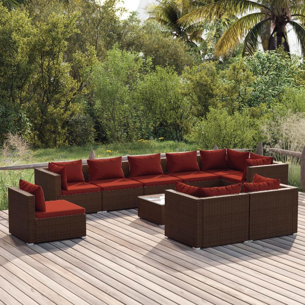 vidaXL 10 Piece Patio Lounge Set with Cushions Poly Rattan Brown, 3102635. Picture 1