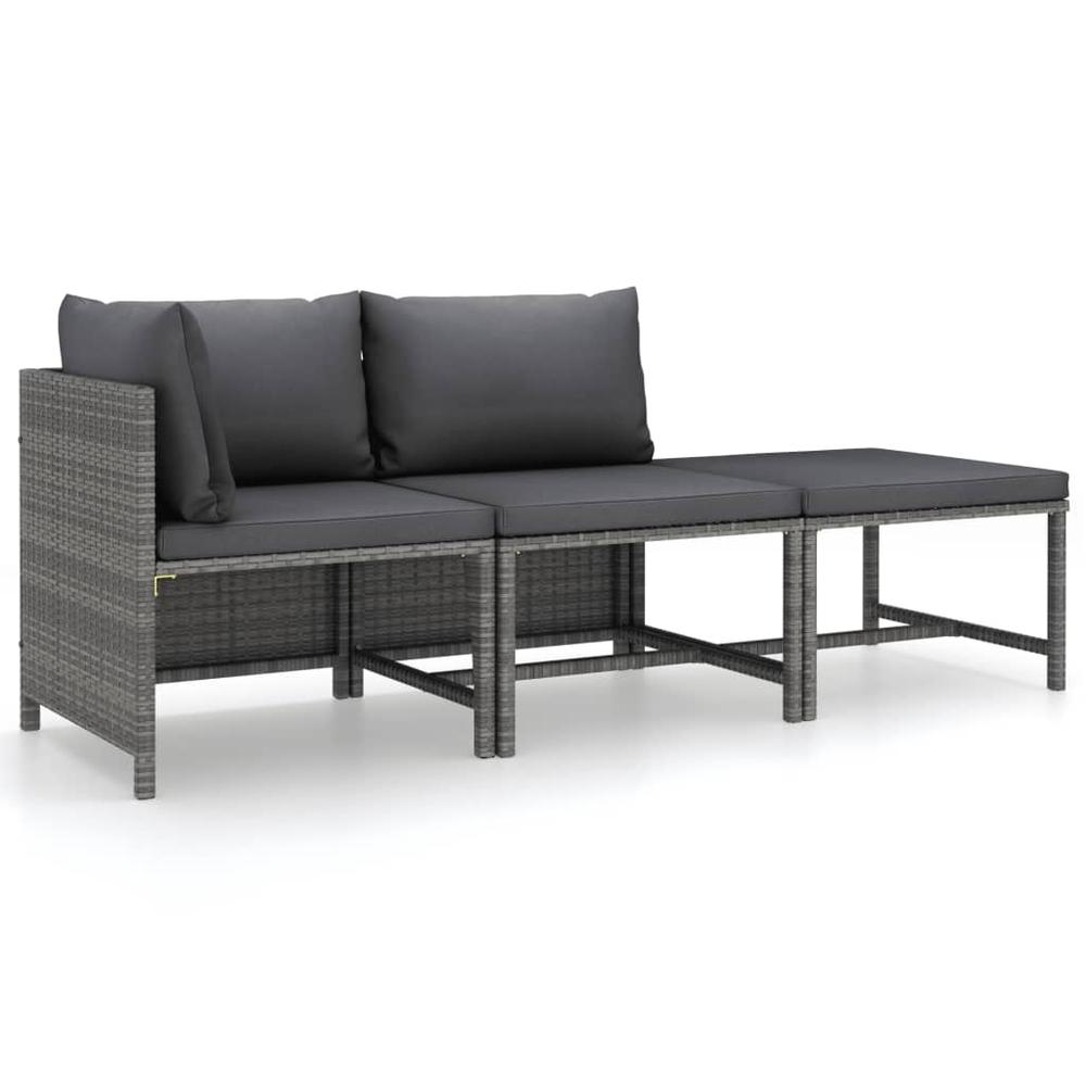 vidaXL 3 Piece Patio Lounge Set with Cushions Poly Rattan Gray, 3059751. Picture 2