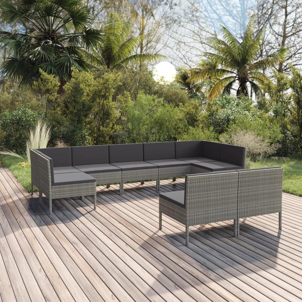 vidaXL 9 Piece Patio Lounge Set with Cushions Poly Rattan Gray, 3094606. The main picture.