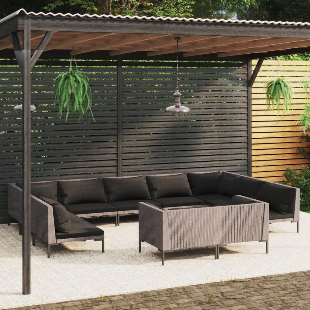vidaXL 11 Piece Patio Lounge Set with Cushions Poly Rattan Dark Gray, 3099944. Picture 1