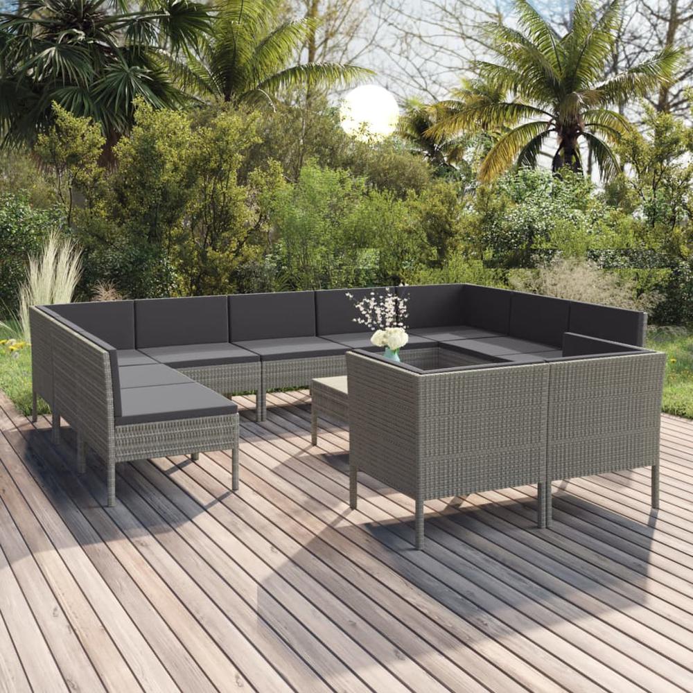 vidaXL 12 Piece Patio Lounge Set with Cushions Poly Rattan Gray, 3094622. Picture 1