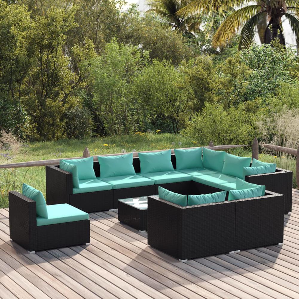 vidaXL 10 Piece Patio Lounge Set with Cushions Poly Rattan Black, 3102649. Picture 1