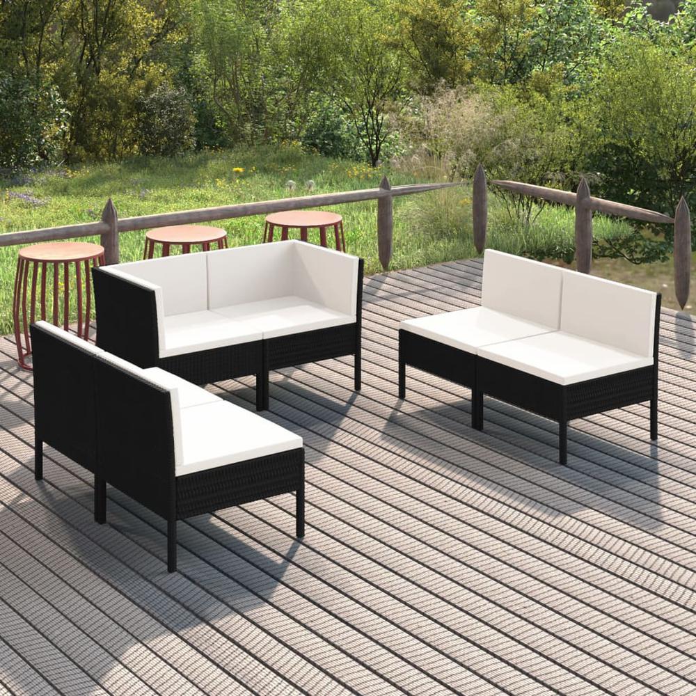 vidaXL 6 Piece Patio Lounge Set with Cushions Poly Rattan Black, 3094352. Picture 1