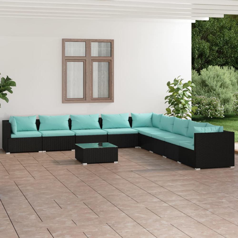 vidaXL 10 Piece Patio Lounge Set with Cushions Poly Rattan Black, 3101793. Picture 1