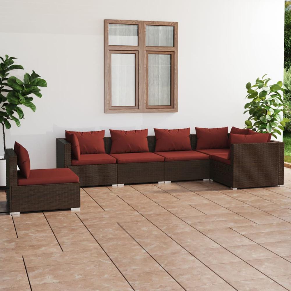 vidaXL 6 Piece Patio Lounge Set with Cushions Poly Rattan Brown, 3102323. Picture 1