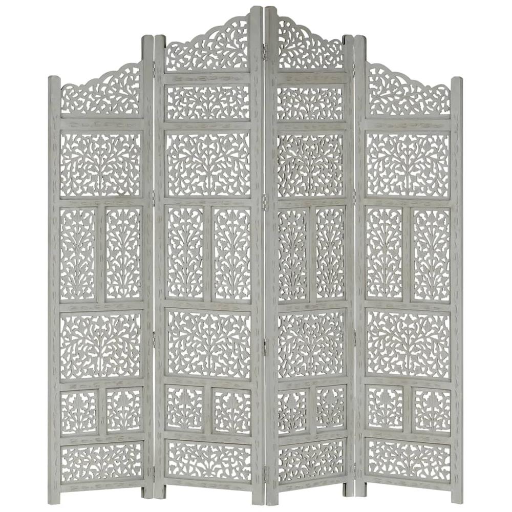 vidaXL Hand carved 4-Panel Room Divider Gray 63"x65" Solid Mango Wood, 285328. Picture 2