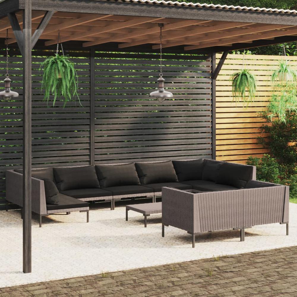 vidaXL 10 Piece Patio Lounge Set with Cushions Poly Rattan Dark Gray, 3099943. Picture 1