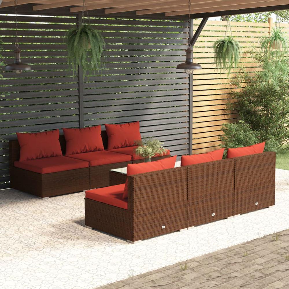 vidaXL 7 Piece Patio Lounge Set with Cushions Poly Rattan Brown, 3101459. Picture 1