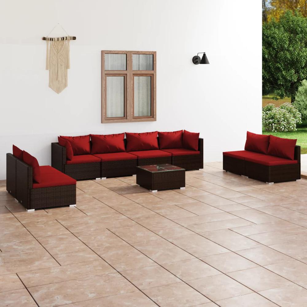 vidaXL 9 Piece Patio Lounge Set with Cushions Poly Rattan Brown, 3102259. Picture 1