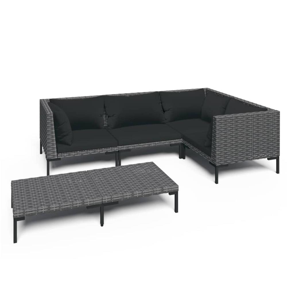 vidaXL 5 Piece Patio Lounge Set with Cushions Poly Rattan Dark Gray, 3099837. Picture 2