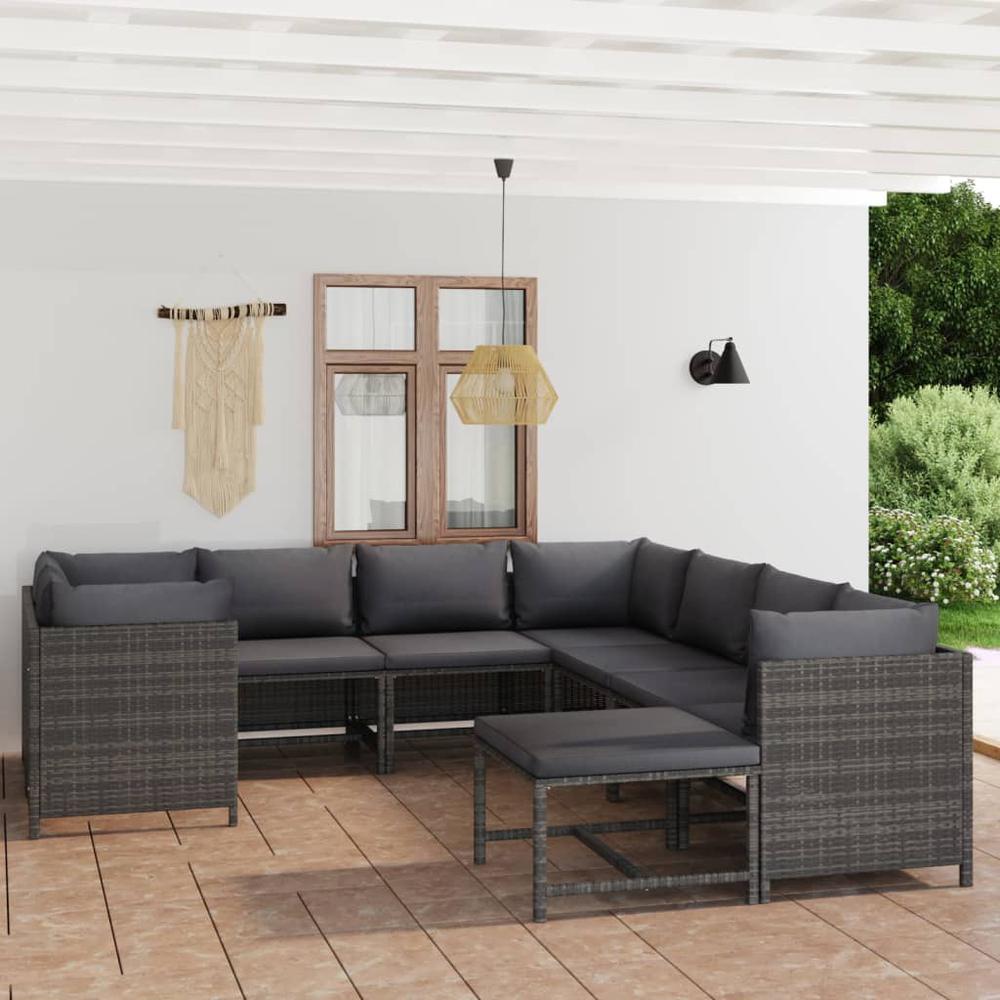 vidaXL 9 Piece Patio Lounge Set with Cushions Poly Rattan Gray, 3059765. Picture 12