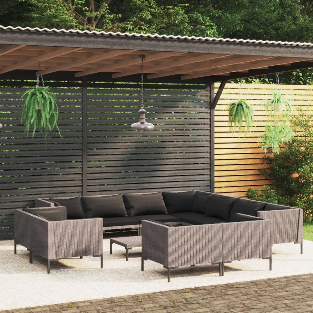 vidaXL 12 Piece Patio Lounge Set with Cushions Poly Rattan Dark Gray, 3099903. Picture 1