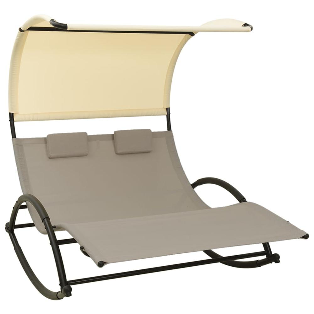 vidaXL Double Sun Lounger with Canopy Textilene Taupe and Cream. Picture 1
