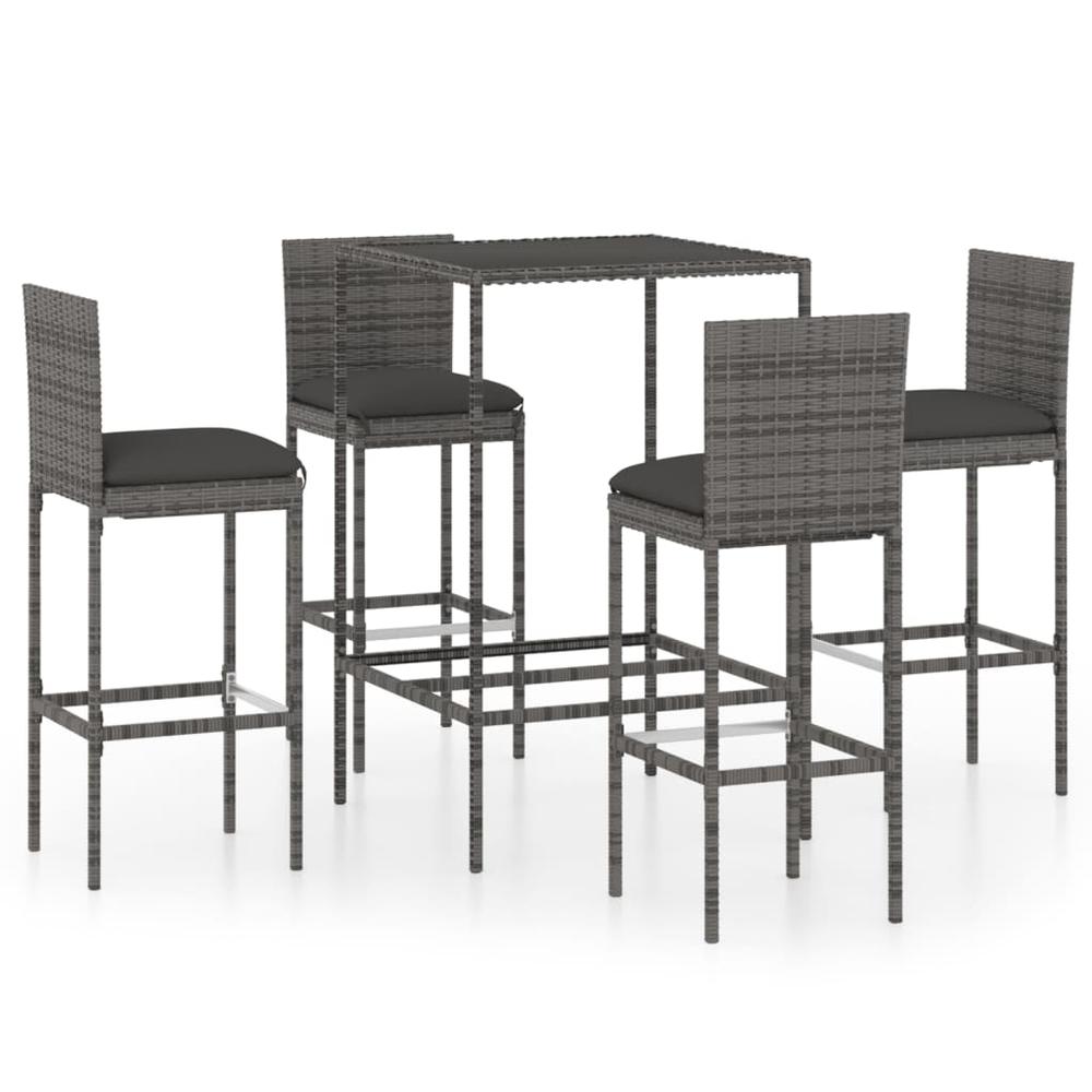 vidaXL 5 Piece Patio Bar Set with Cushions Poly Rattan Gray, 3064831. Picture 2