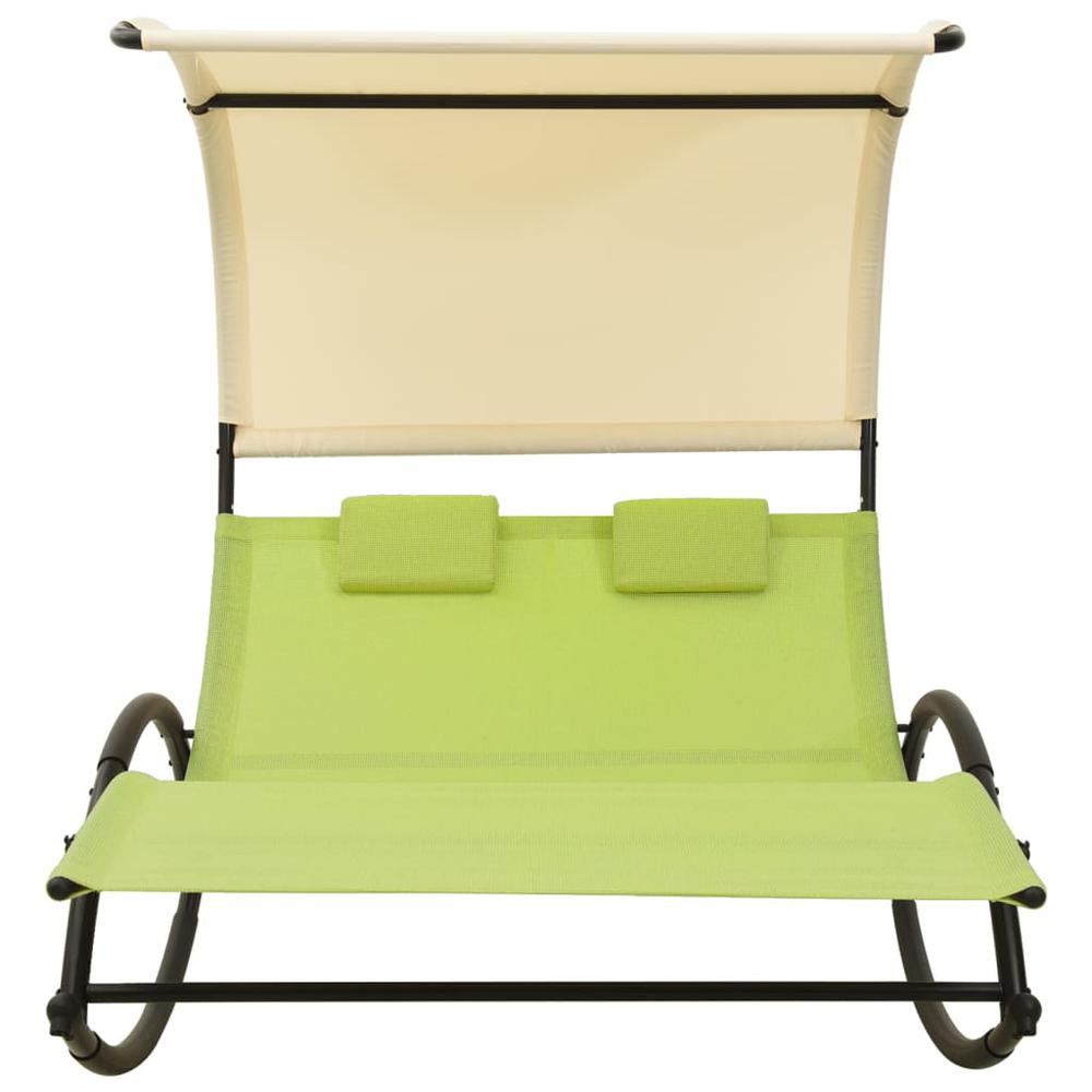 vidaXL Double Sun Lounger with Canopy Textilene Green and Cream. Picture 2