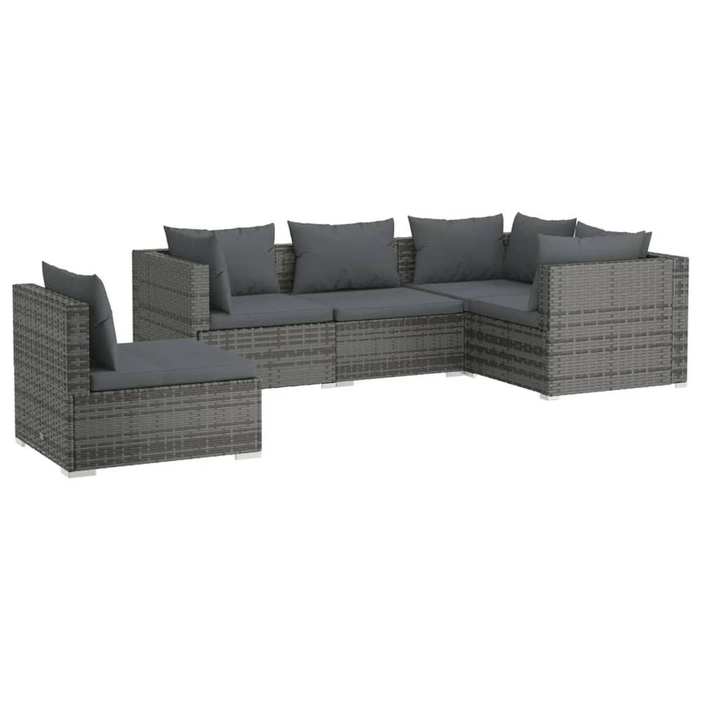 vidaXL 5 Piece Patio Lounge Set with Cushions Poly Rattan Gray, 3102317. Picture 2