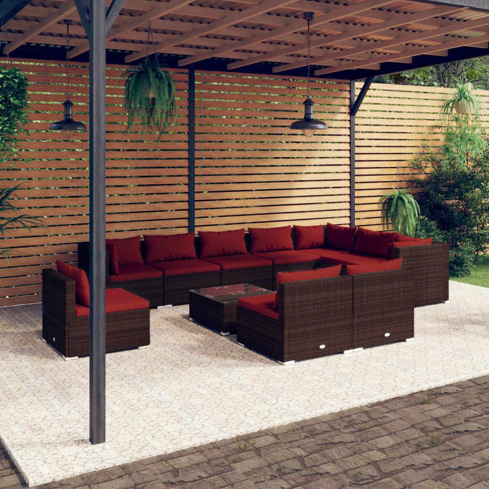 vidaXL 11 Piece Patio Lounge Set with Cushions Poly Rattan Brown, 3102603. Picture 1