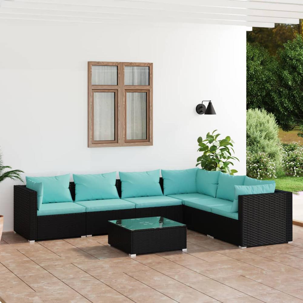 vidaXL 7 Piece Patio Lounge Set with Cushions Poly Rattan Black, 3101729. The main picture.