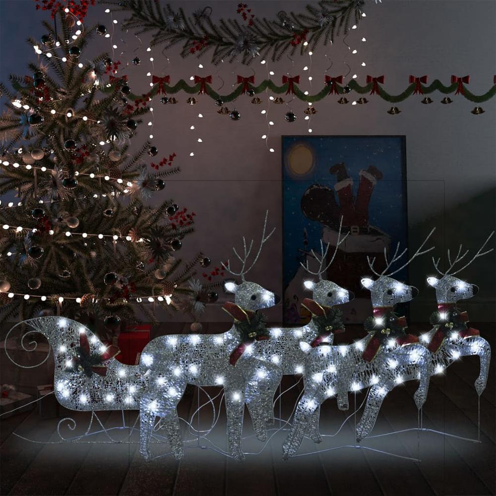 vidaXL Reindeer & Sleigh Christmas Decoration 100 LEDs Outdoor Silver, 3100428. Picture 1