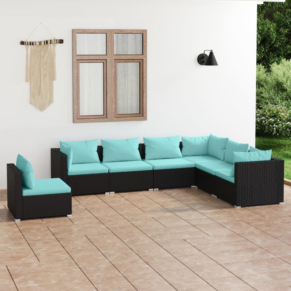 vidaXL 7 Piece Patio Lounge Set with Cushions Poly Rattan Black, 3102353. Picture 1
