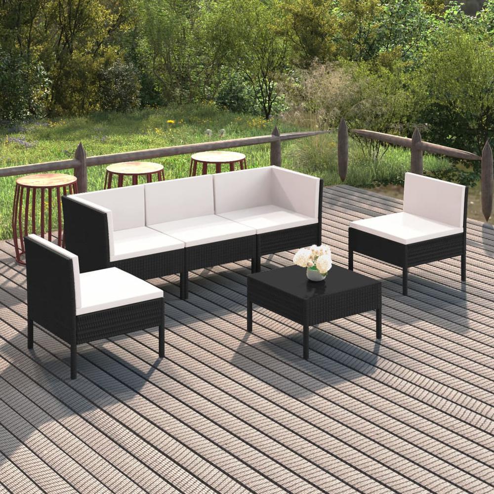 vidaXL 6 Piece Patio Lounge Set with Cushions Poly Rattan Black, 3094344. Picture 1