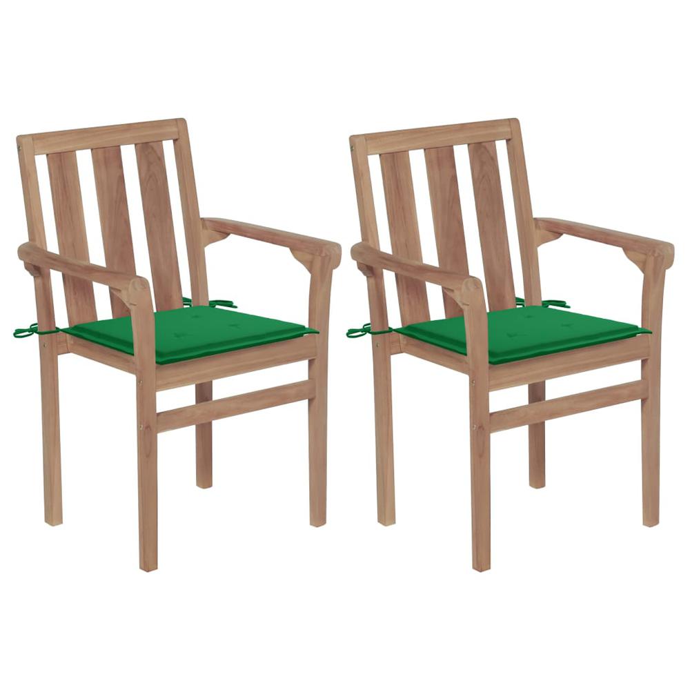 vidaXL Patio Chairs 2 pcs with Green Cushions Solid Teak Wood, 3062213. Picture 1