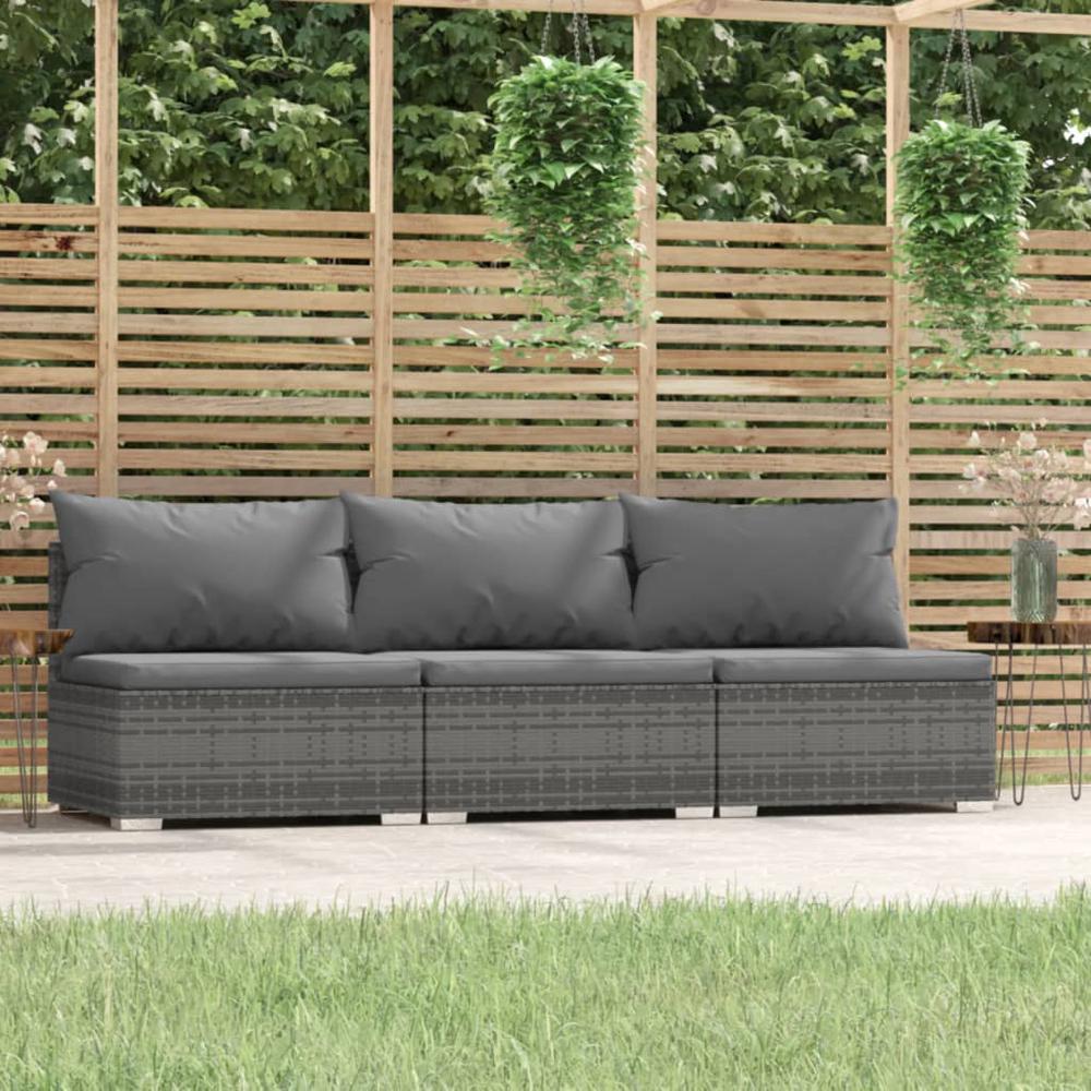 vidaXL 3-Seater Sofa with Cushions Gray Poly Rattan, 317517. The main picture.