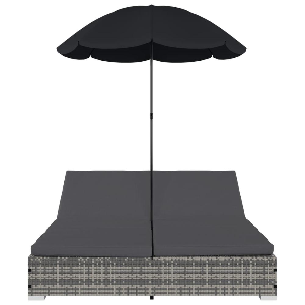 vidaXL Outdoor Lounge Bed with Umbrella Poly Rattan Gray, 48125. Picture 3