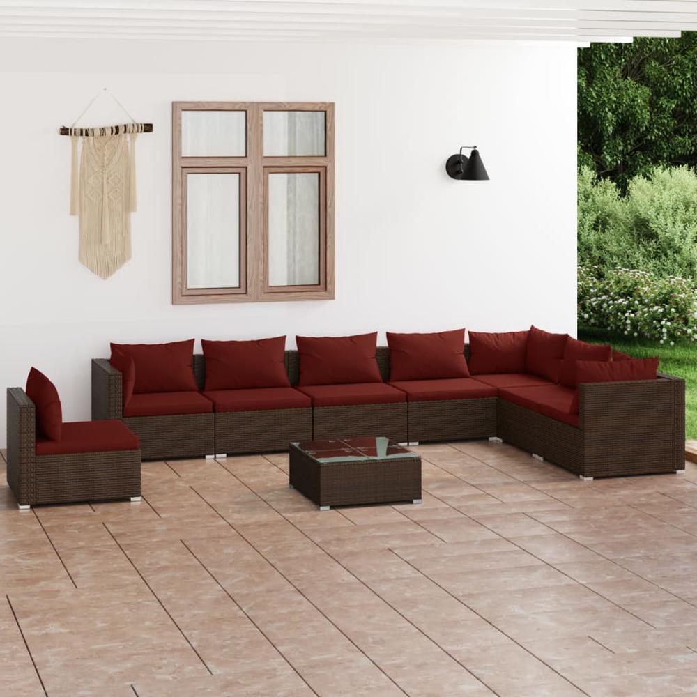 vidaXL 9 Piece Patio Lounge Set with Cushions Poly Rattan Brown, 3102379. Picture 1