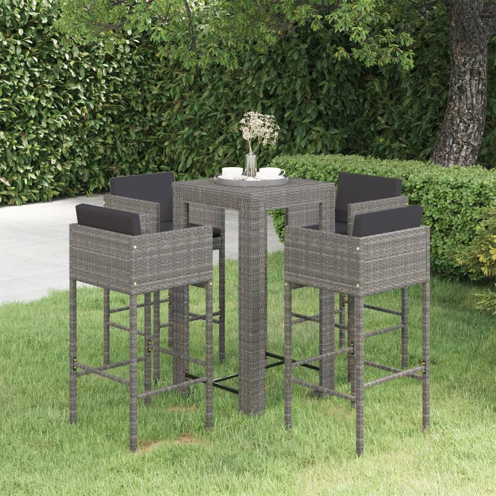 vidaXL 5 Piece Patio Bar Set with Cushions Poly Rattan Gray, 3094782. Picture 1