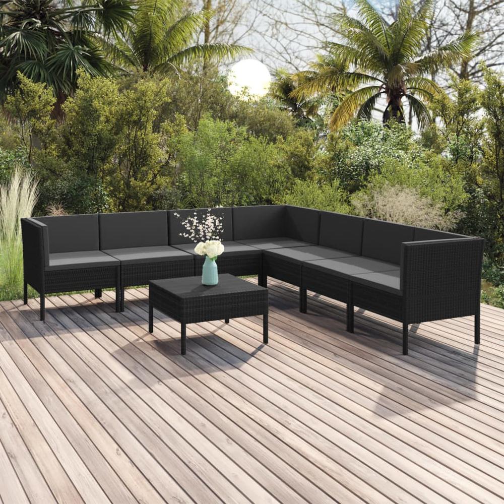 vidaXL 8 Piece Patio Lounge Set with Cushions Poly Rattan Black, 3094457. Picture 1