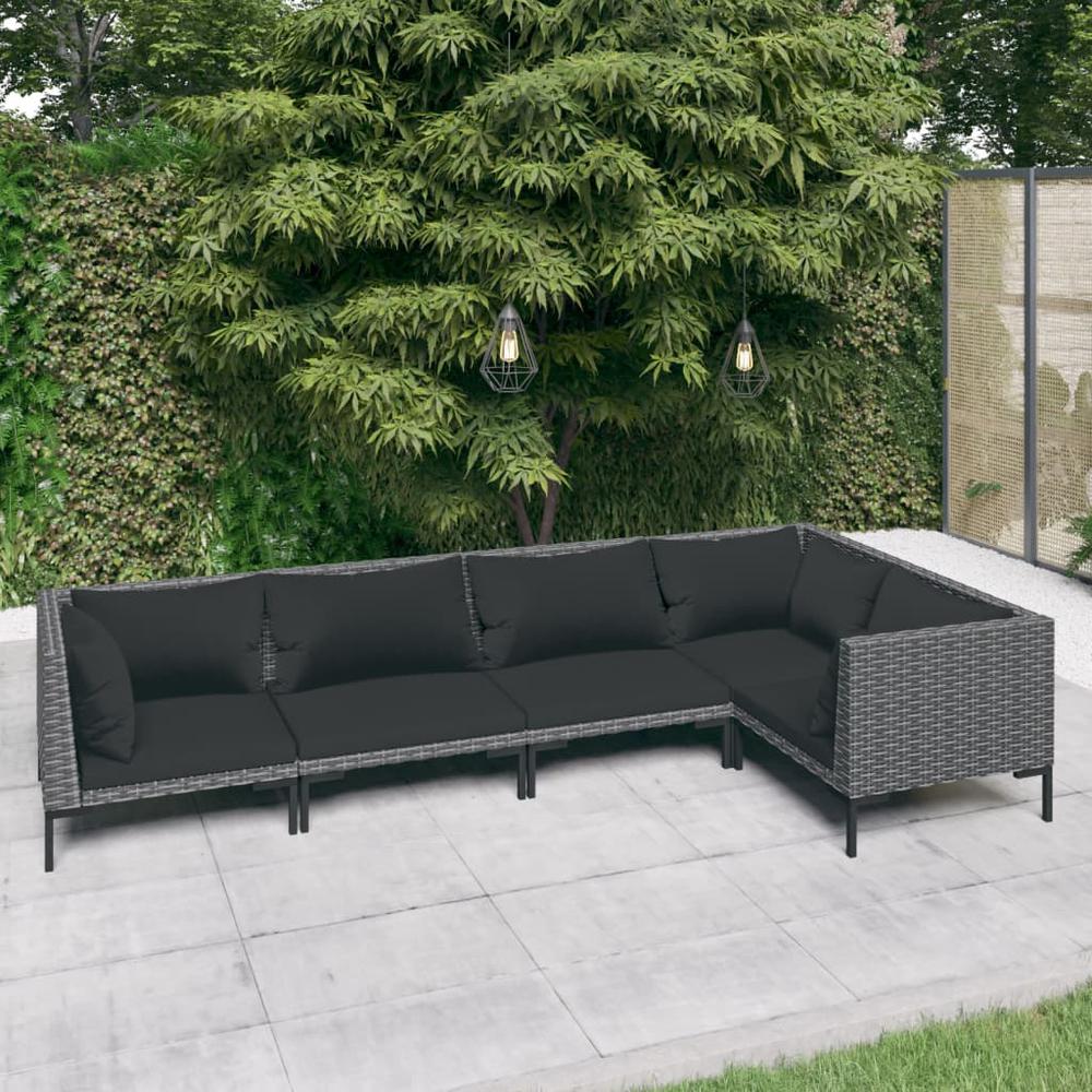 vidaXL 5 Piece Patio Lounge Set with Cushions Poly Rattan Dark Gray, 3099838. Picture 1