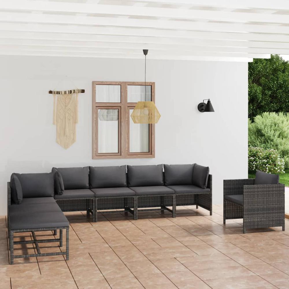 vidaXL 8 Piece Patio Lounge Set with Cushions Poly Rattan Gray, 3059769. Picture 1