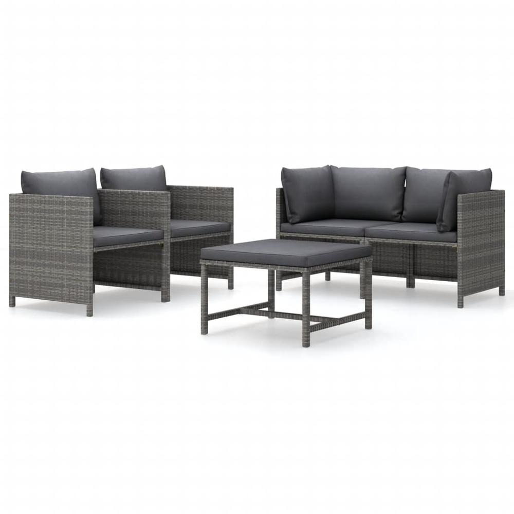 vidaXL 5 Piece Patio Lounge Set with Cushions Poly Rattan Gray, 3059753. Picture 2
