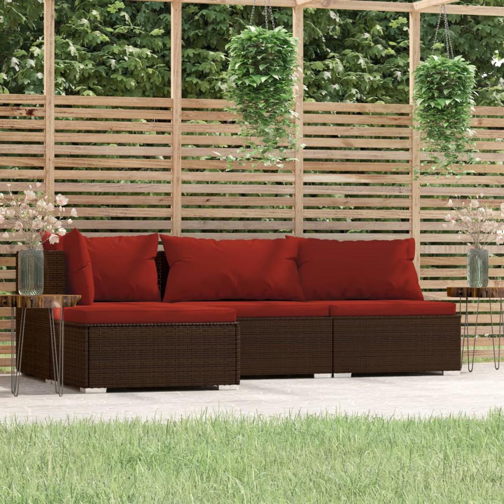 vidaXL 4 Piece Patio Lounge Set with Cushions Brown Poly Rattan, 317545. Picture 1