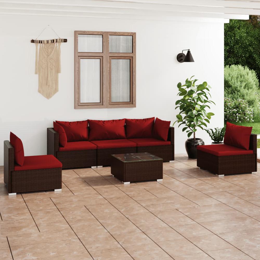 vidaXL 6 Piece Patio Lounge Set with Cushions Poly Rattan Brown, 3102195. Picture 1